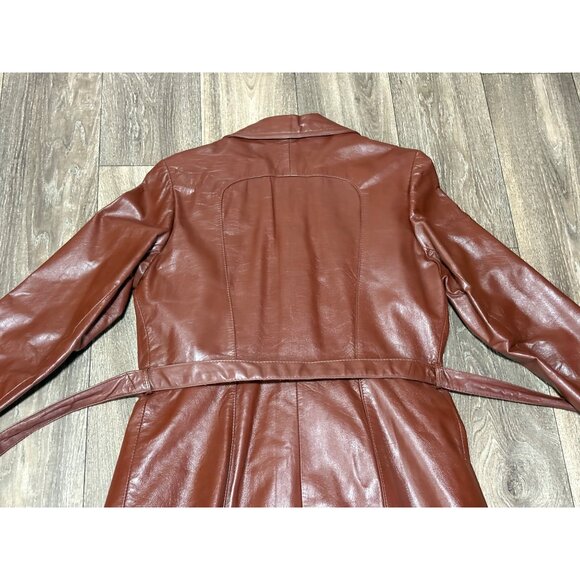 VINTAGE MAXI LEATHER JACKET BEALTED TRENCH COAT BROWN WOMENS SIZE 12 - Picture 11 of 14